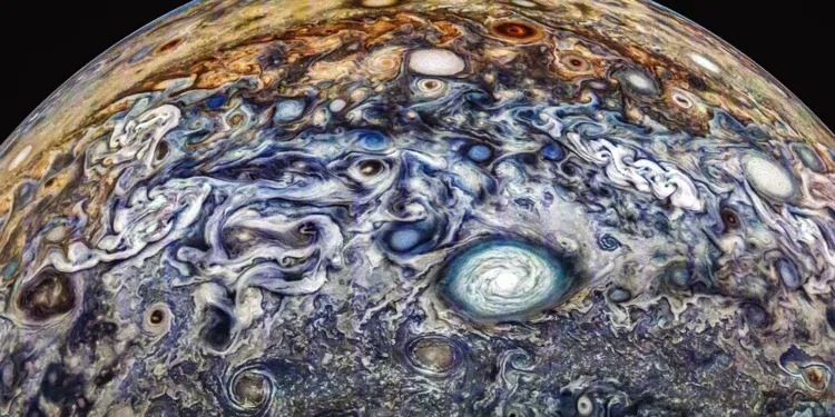 Image captured by Juno during its 66th perijove, then further processed with color enhancement by Gerald Eichstädt and Thomas Thomopoulos. NASA / JPL / SwRI / MSSS / Gerald Eichstädt / Thomas Thomopoulos CC BY 3.0
